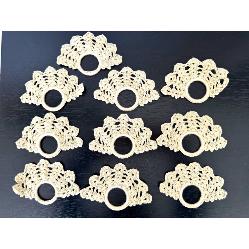 Handmade Beige Crocheted Lace Round Napkin Rings, Set of 10